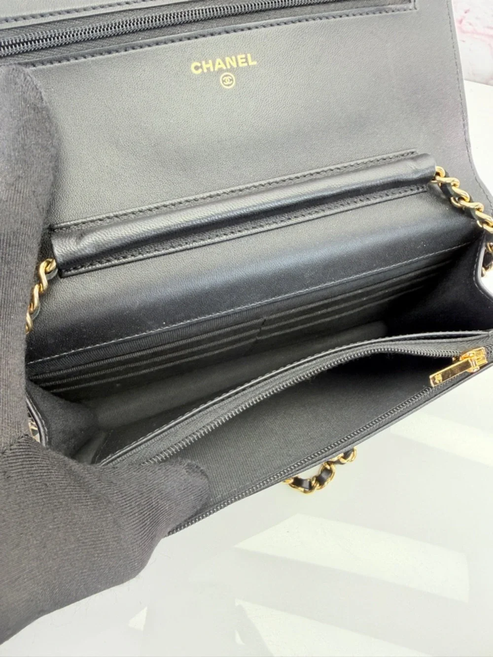 CHANEL Lambskin Quilted Enamel Coco Casino Wallet On Chain WOC Black